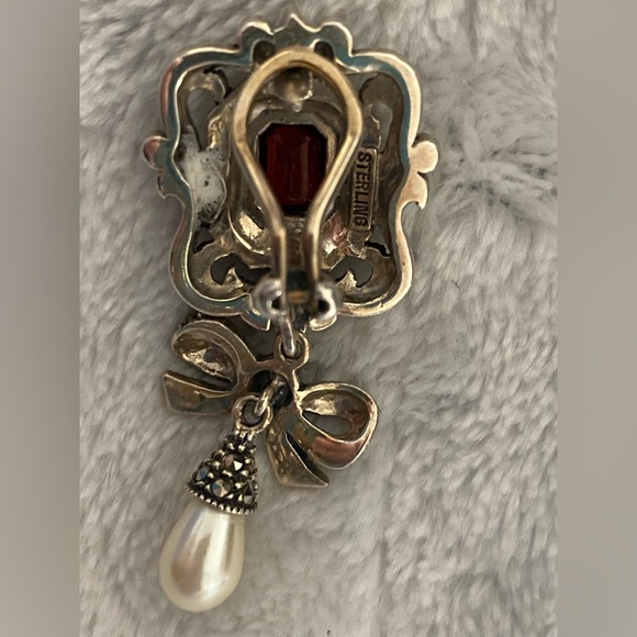 Vintage JUDITH JACK Sterling Silver Garnet Marcasite Earrings - Picture 3 of 5